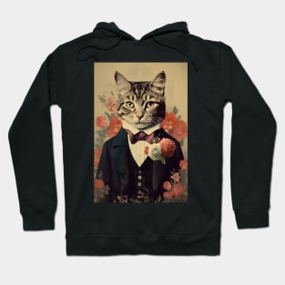 Floral Cat in Suit Portrait Vintage Art Hoodie